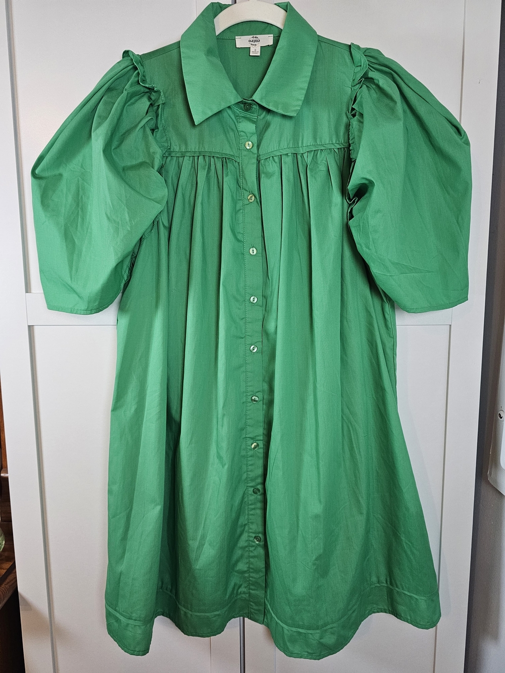 Entro Kelly Green Puff Sleeve Mini Shirt Dress S Collared Button-Down Babydoll